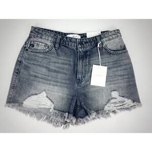 NWT Kancan High Rise L-Grey Frayed Hem Denim Short, Sz 9/28 - Style#KC7259L